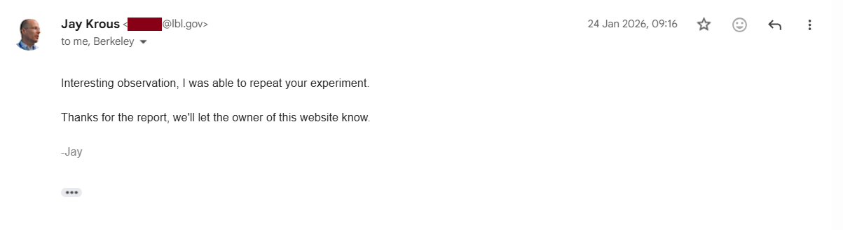 Email reply from Jay at LBNL