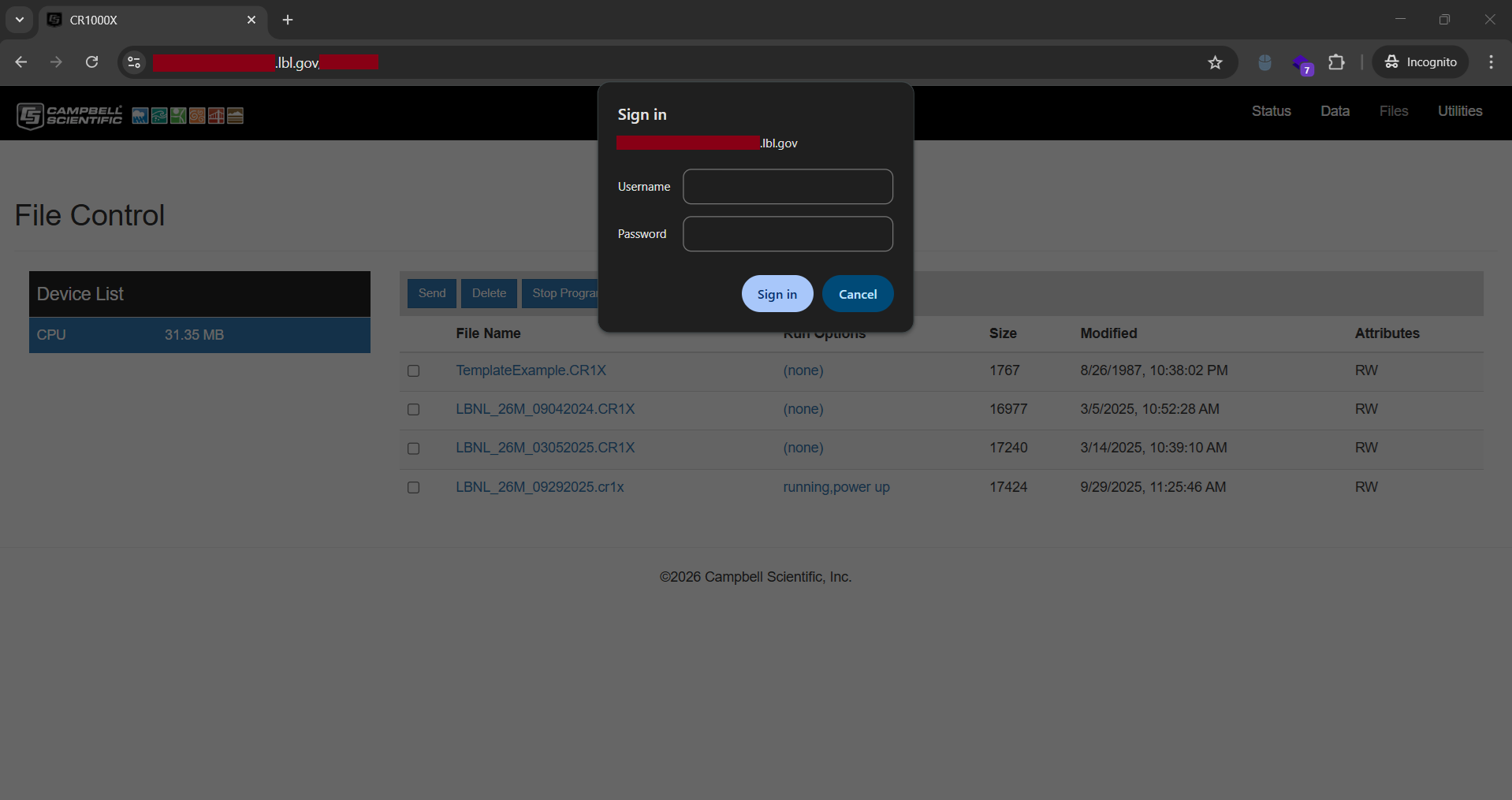 LBNL CR1000X Datalogger Sign-In Prompt