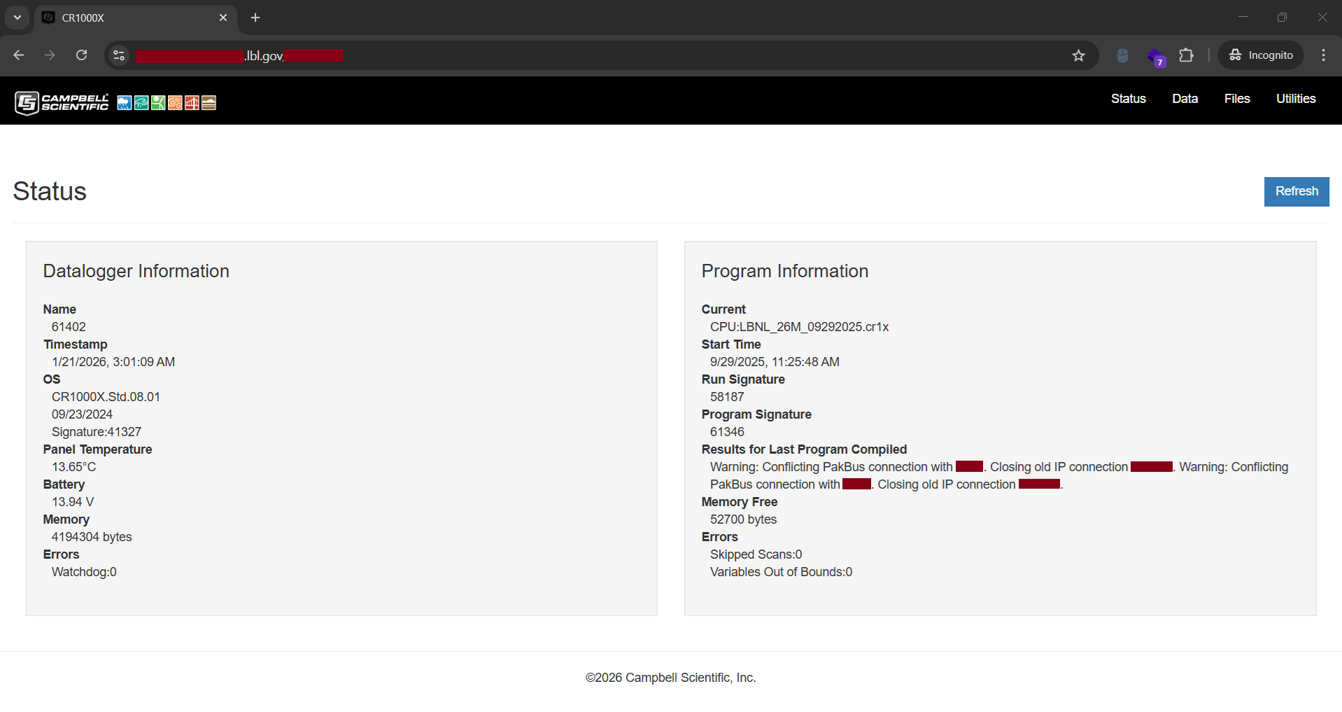 LBNL CR1000X Datalogger Status Homepage