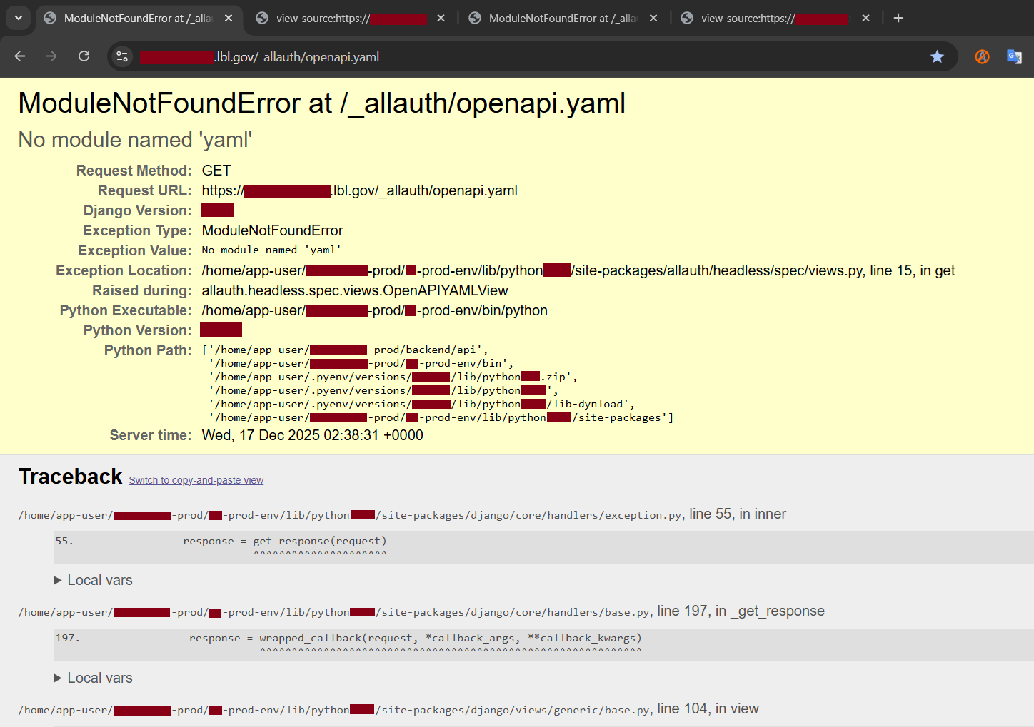 LBNL Django Debug Mode Error Page