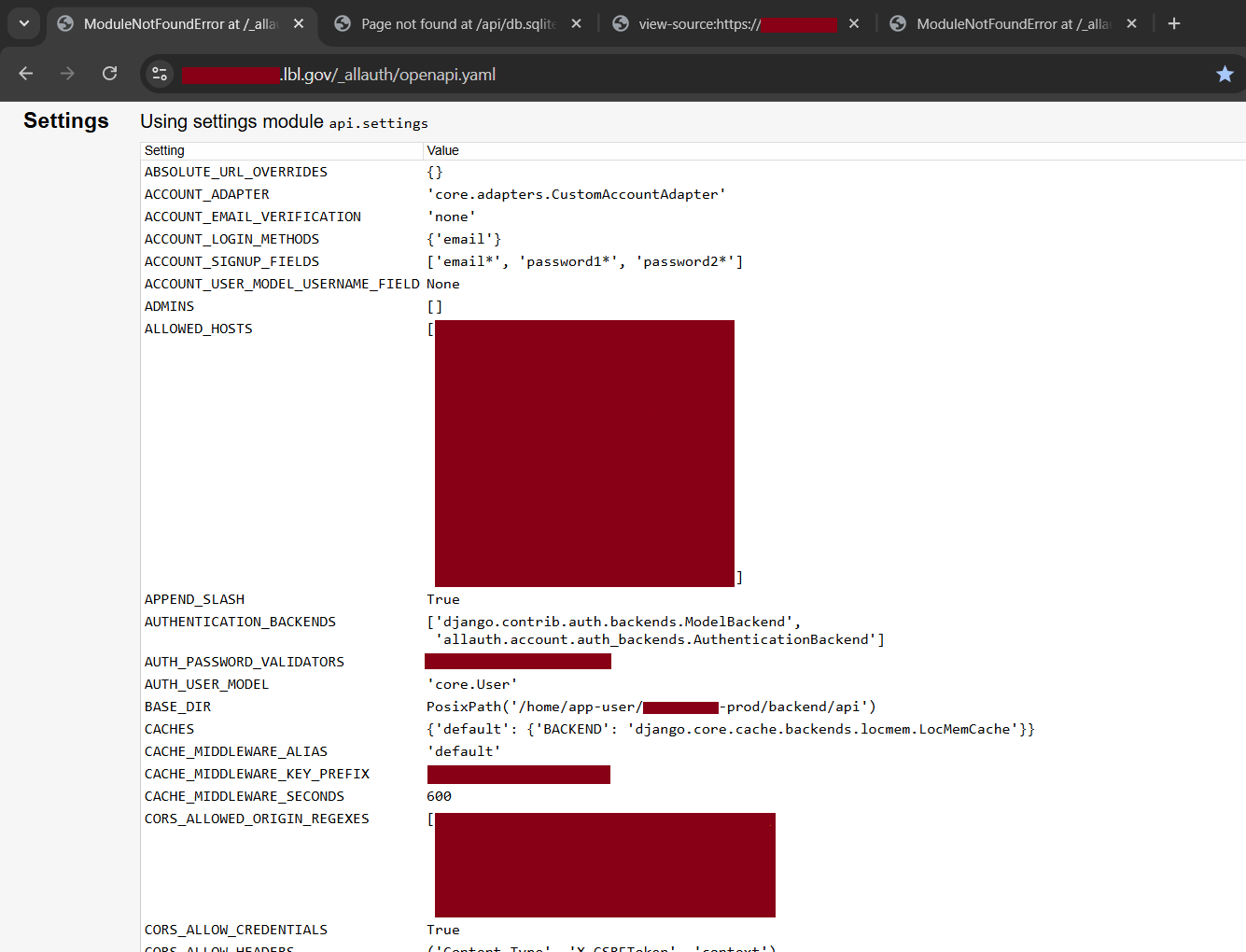 LBNL Django Debug Mode Error Page Continued
