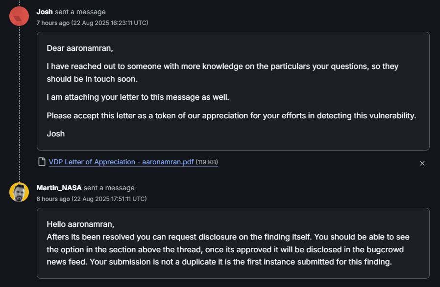 NASA VDP Bugcrowd Status