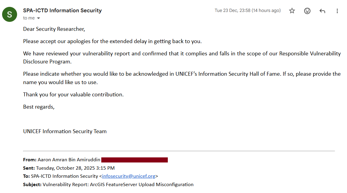 UNICEF InfoSec Email Reply