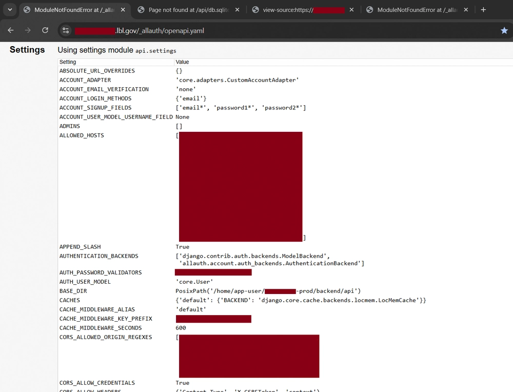 LBNL Django Debug Mode Error Page