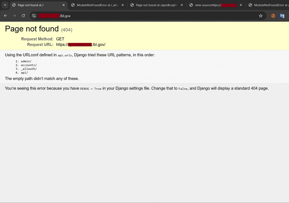 LBNL Django Debug Mode Enabled