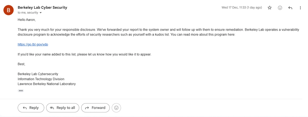 LBNL Email Reply